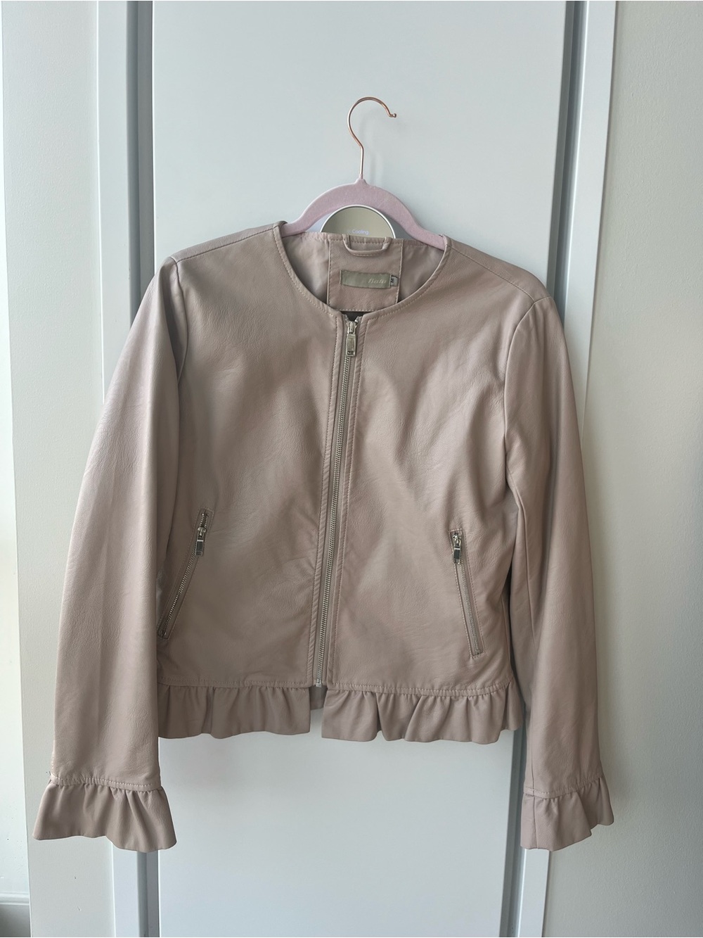 Ruffle-Hem Faux Leather Jacket in Blush